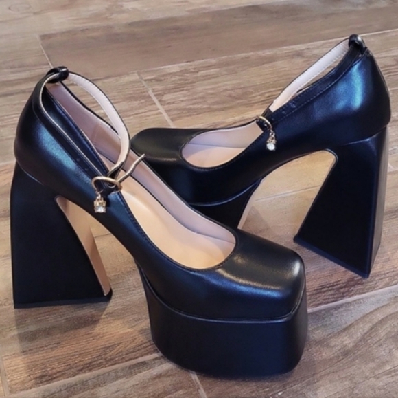 Faux Leather Platform Chunky Heel Square Toe Ankle Rhinestone Accent Straps, 7 - Picture 1 of 12